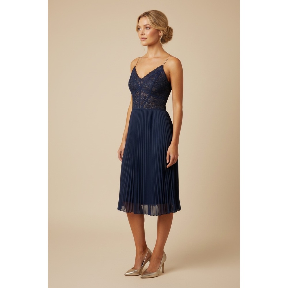 BCBG Paris Blue Night Lace Pleated Cocktail Dress Size 0 Navy Blue Formal Midi